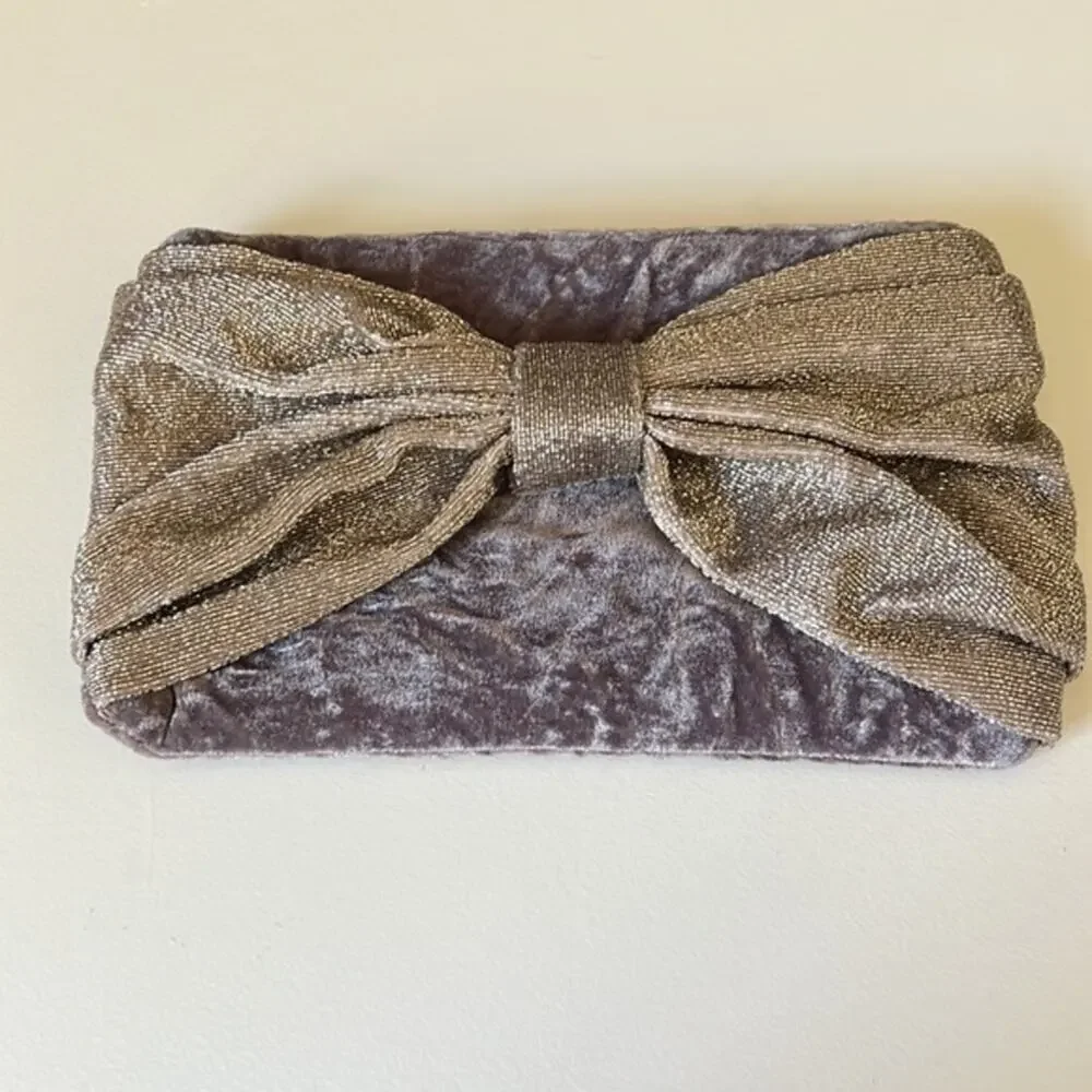 Rachel Parcell Velvet Beaded Mauve Glitter Bow Clutch Evening Bag